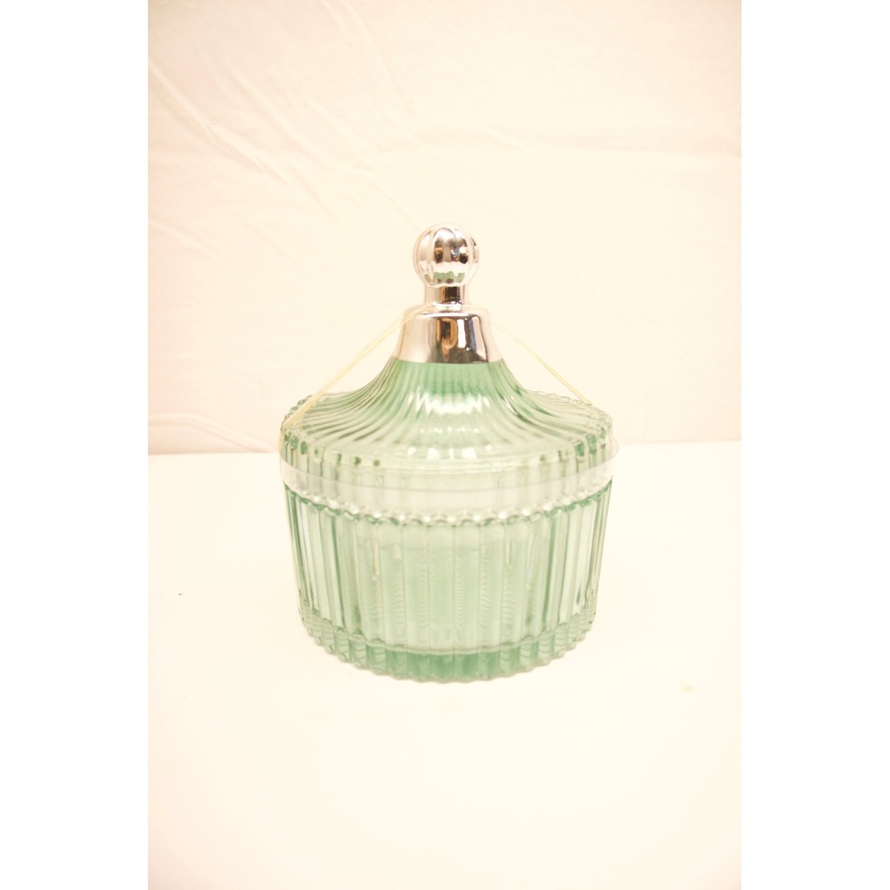 Vintage Style Seafoam Green Ribbed Glass Candy Dish with Silver Finial Lid